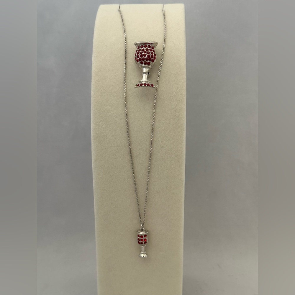 Vintage Ora silver tone wine goblet necklace and pin set with red rhinestones